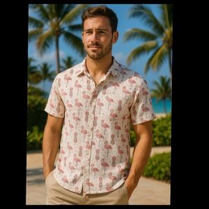 Berkley Jensen Men’s Size XXL Tropical Flamingo Print Linen Blend Shirt●